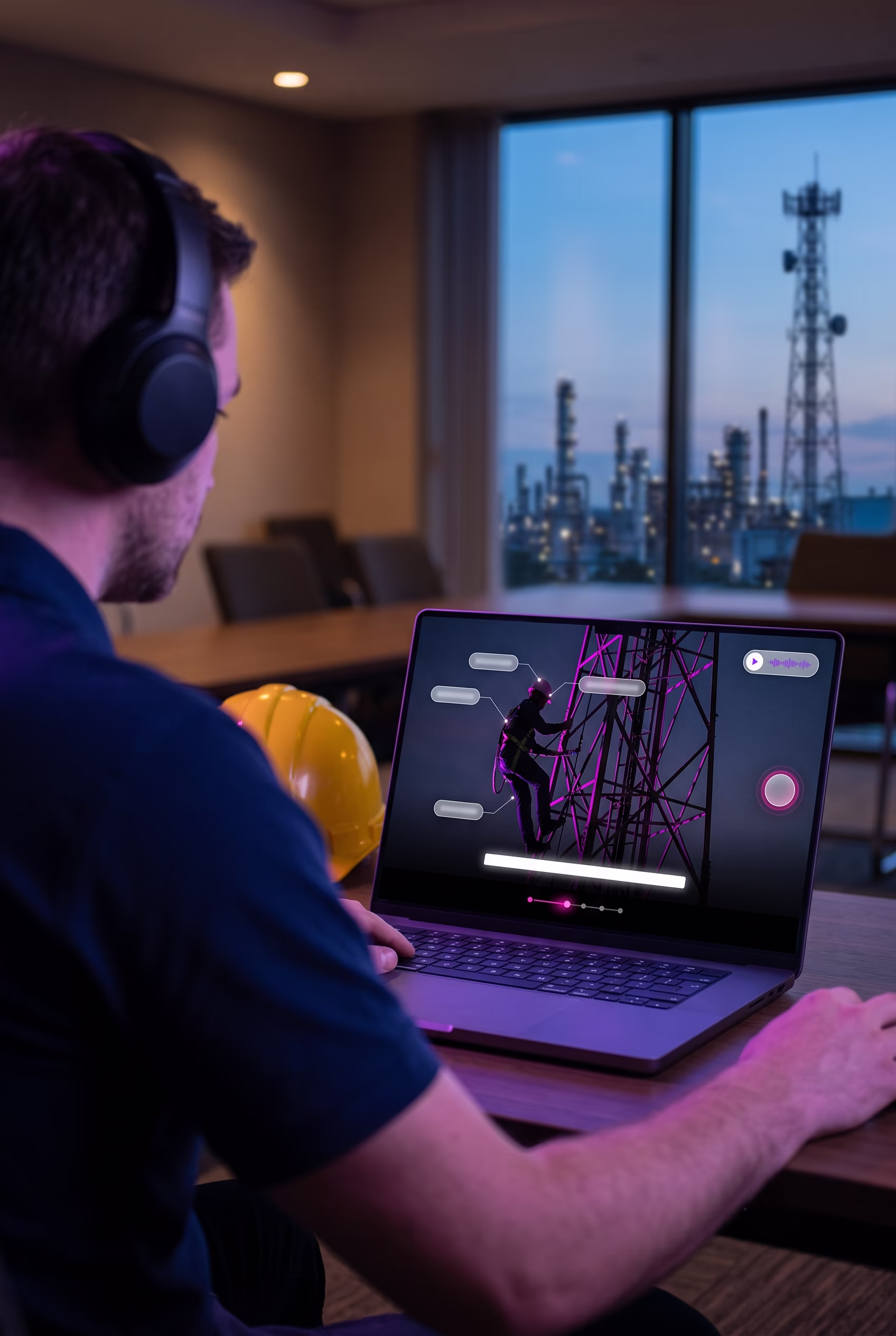 Trabalhador com fones de ouvido fazendo uma lição interativa da AcademIA no notebook, com a interface do curso brilhando em magenta